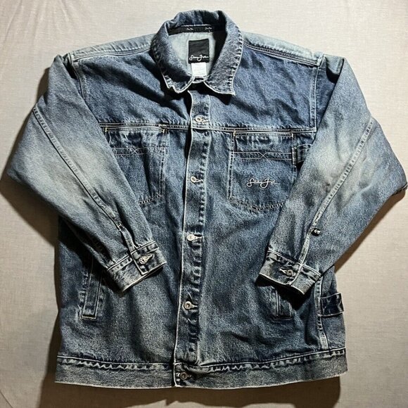 Vintage 90s Sean John Carpenter Denim Jacket Size XL Big Heavy Embroidered Rare. - Picture 1 of 14